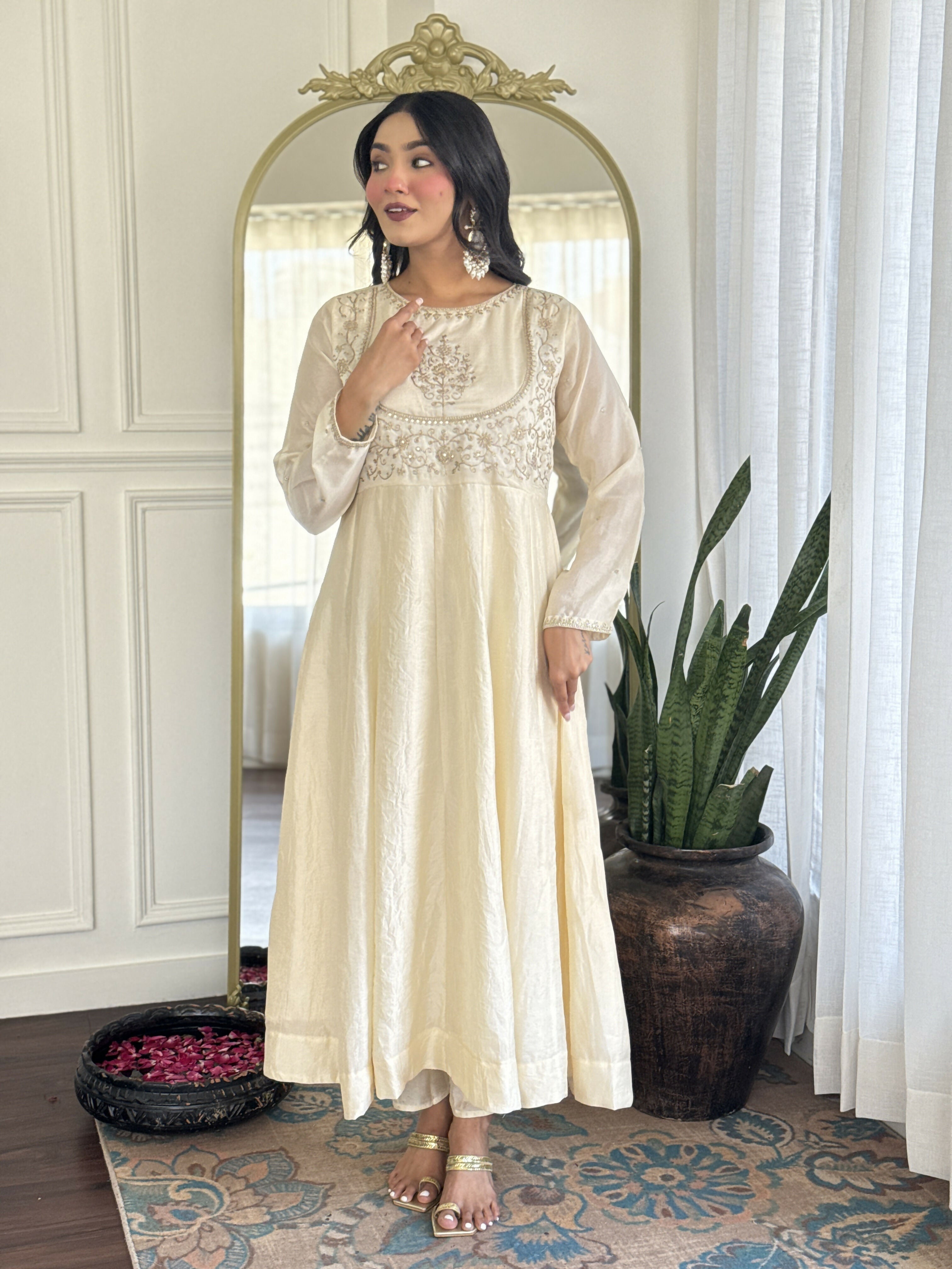 The52 CreamWomen's Gorgeous Embroidered Vichitra Silk Fabric Flared Kurta Pant with Dupatta Set - Distacart