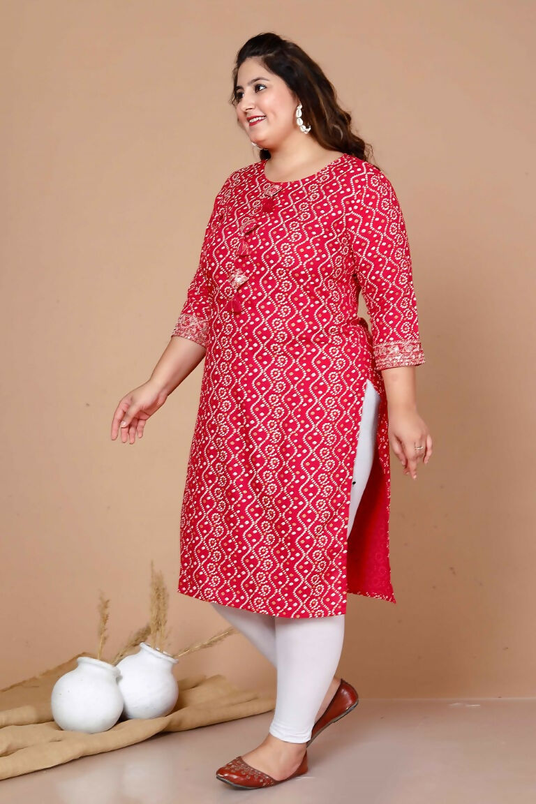 Miravan Women's Plus Size Pink Bandhani Pakistani Straight Kurti