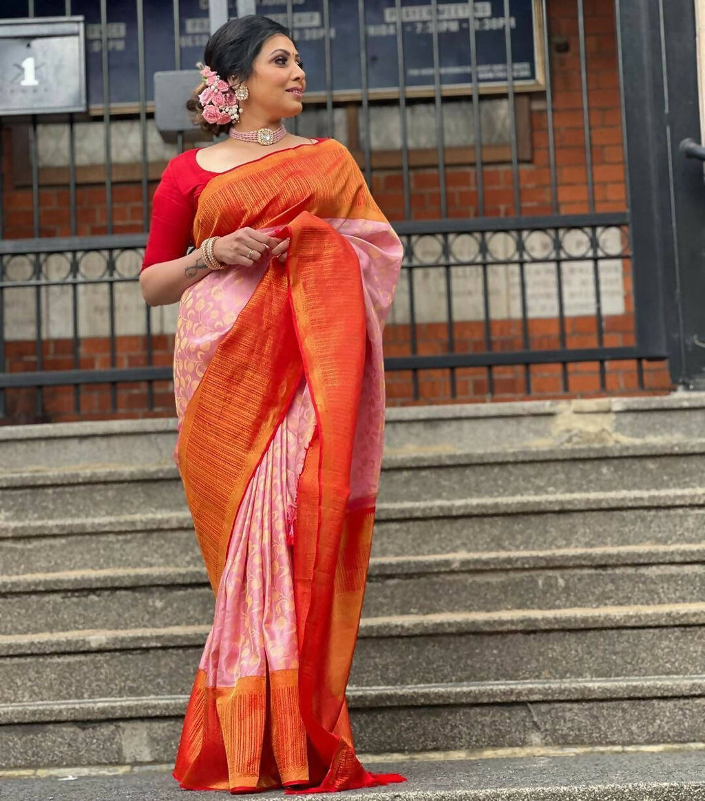 DEIANA'S Beautiful Designer Golden zari Soft Lichi Silk Saree - Peach