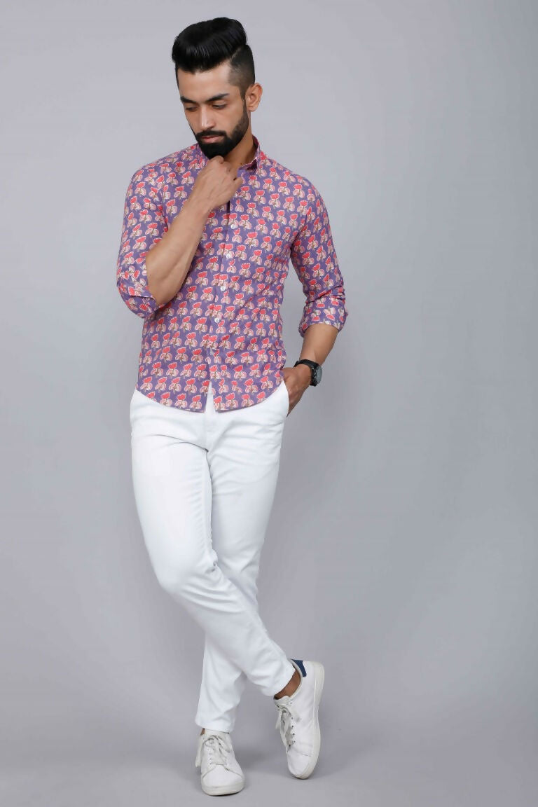 Miravan Men's Purple Floral Design Stylish Casual Cotton Shirt