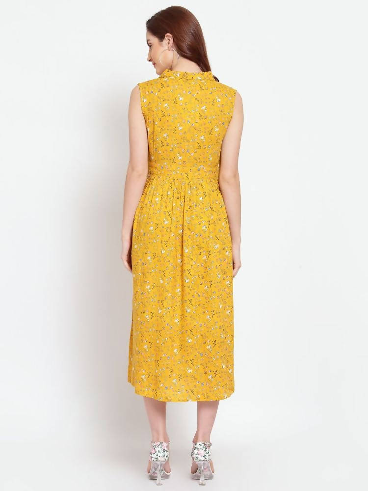 Myshka Women's Mustard Printed Rayon Sleeveless Collar Neck Casual Dress