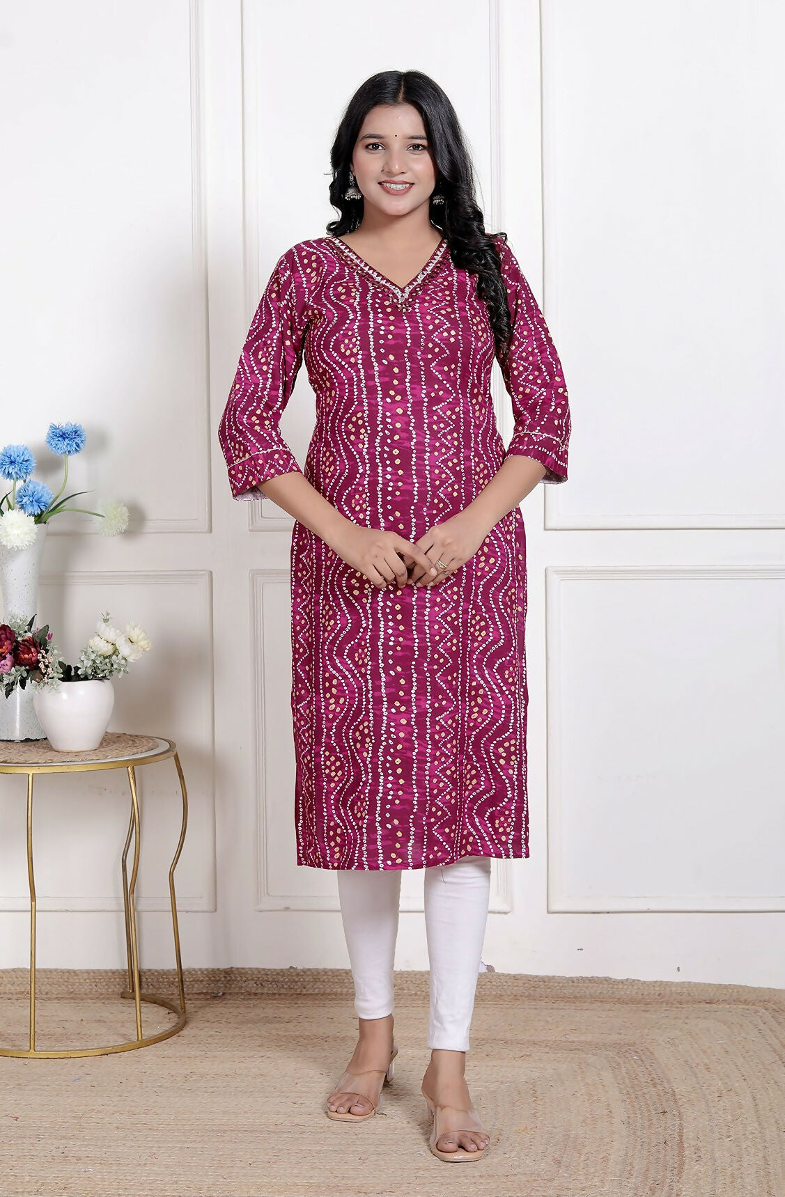 Miravan Womens Magenta Bandhej Printed Rayon Kurti