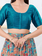 Joban Fashion Peacock-Blue Dupion Silk Elbow Sleeveless Front Open Blouse