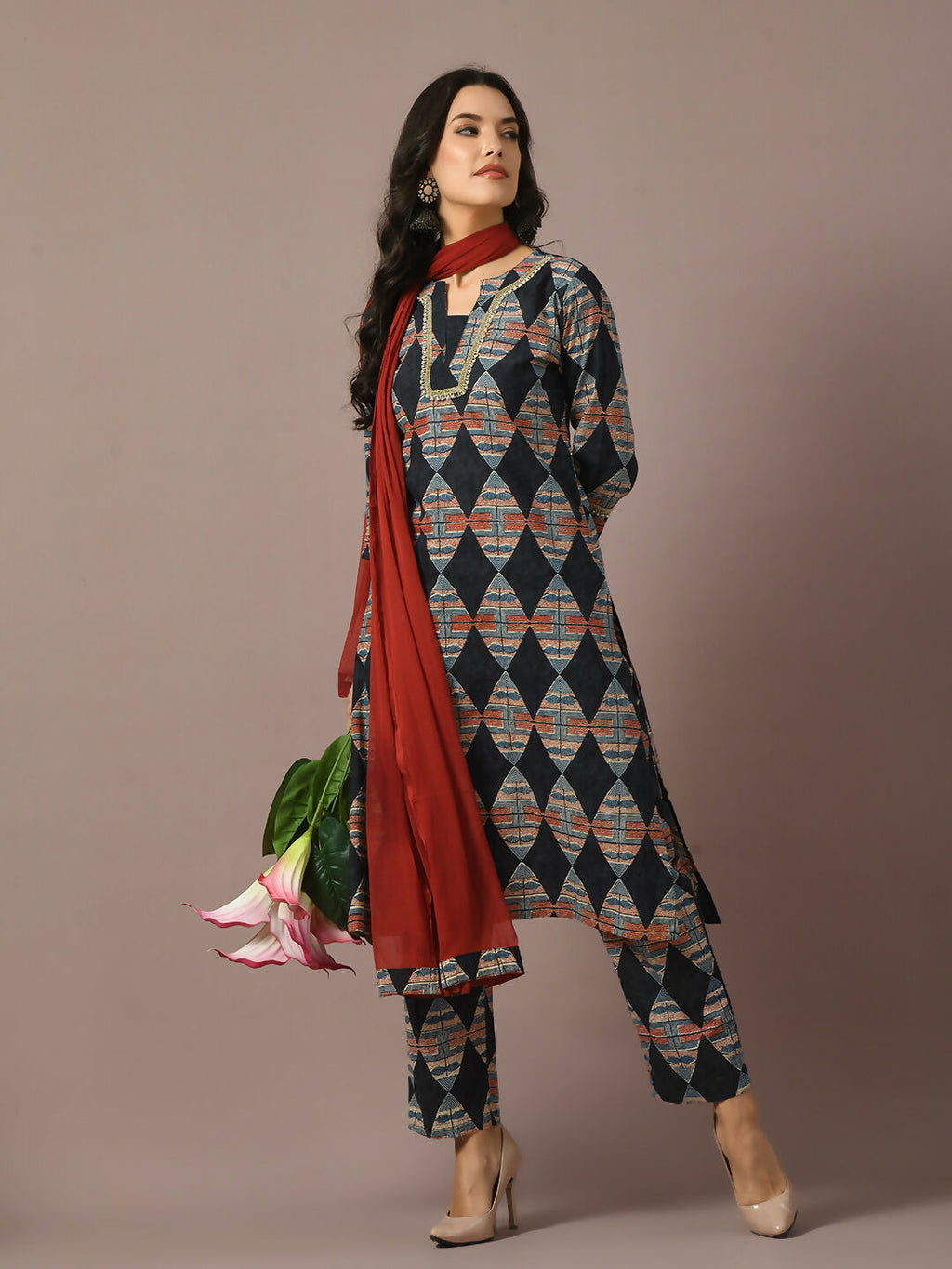 Myshka Women's Multi Printed Cotton Straight Party Kurta Set With Dupatta