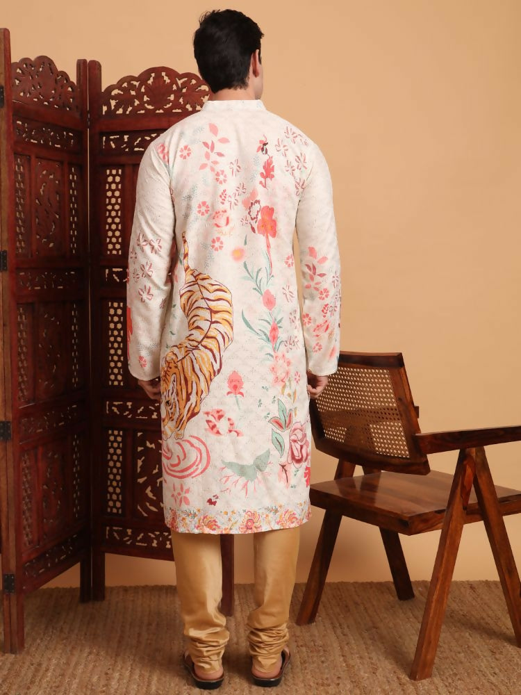 Off White Cotton Printed Chikankari Embroidery Work Kurta - Mahotsav
