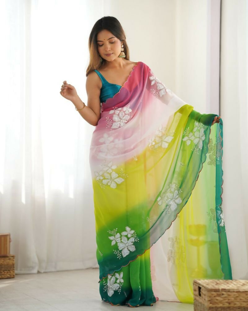 Green Georgette Pedding Color, Embroidery Work Party Wear Saree - Erisha
