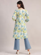 Aavyora Women's Off-White and Blue Cotton A-Line Tunic with Blue and Green Floral Print.