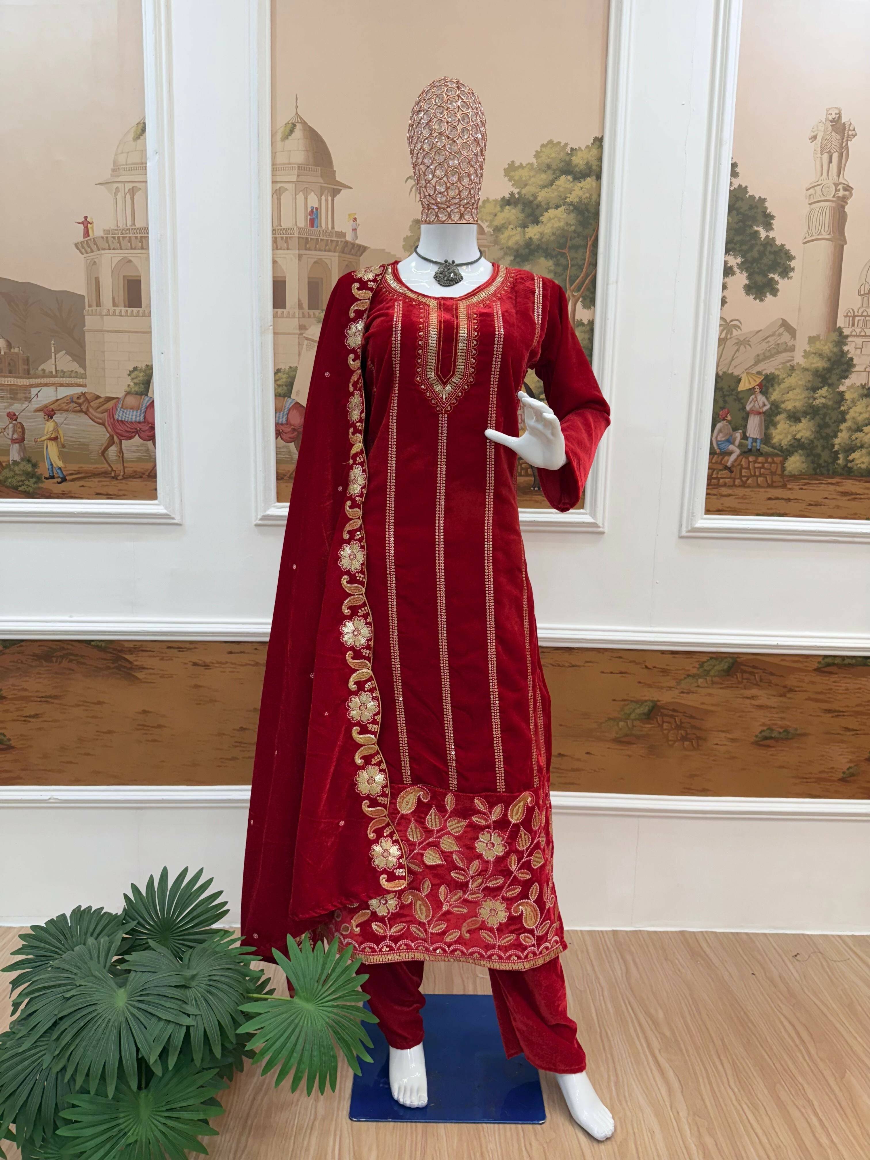 Teeya Creation Red Color Velvet Designer Embroidery Work party Wear Suit - Distacart