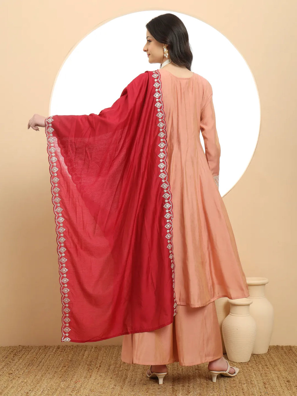 Yufta Silk Peach Anarkali Kurta Dupatta Palazzo Set - Distacart