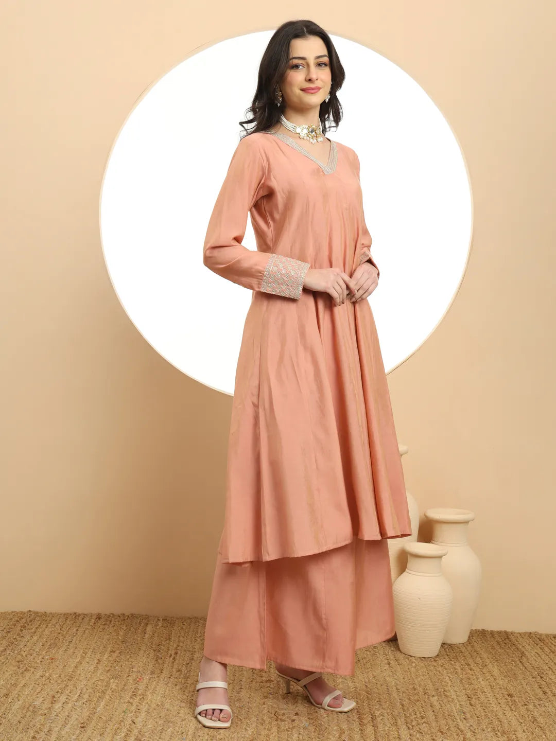 Yufta Silk Peach Anarkali Kurta Dupatta Palazzo Set - Distacart