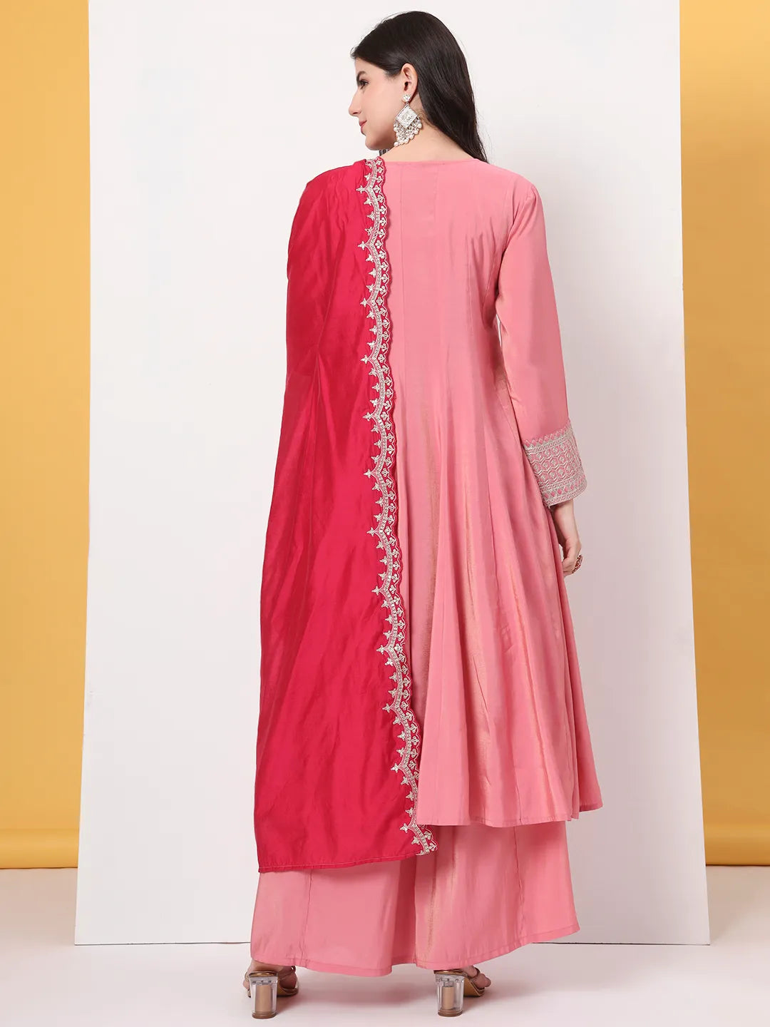 Yufta Silk Pink A Line Kurta Dupatta Palazzo Set - Distacart