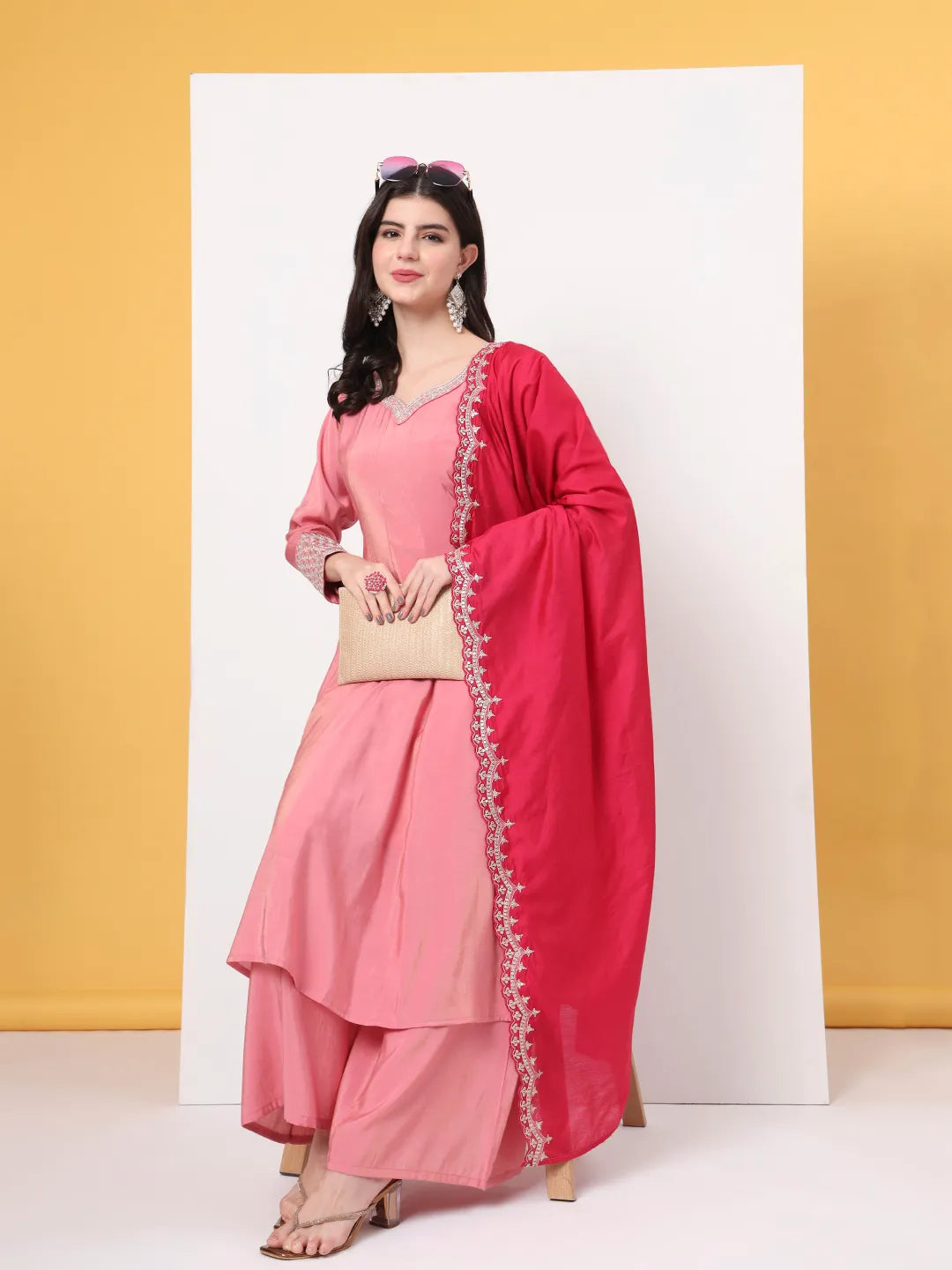 Yufta Silk Pink A Line Kurta Dupatta Palazzo Set - Distacart