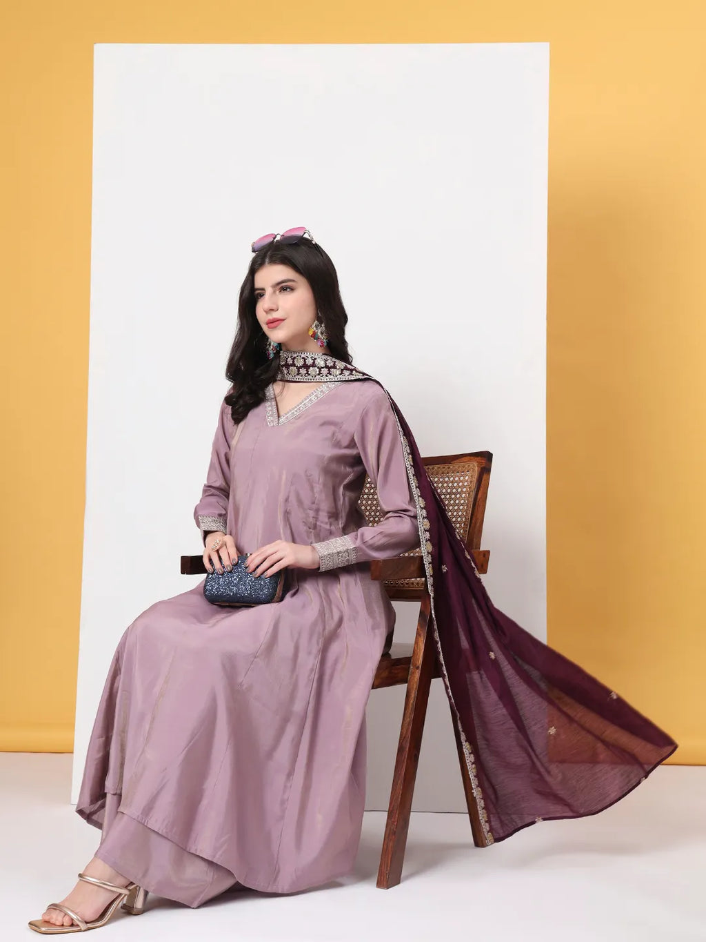 Yufta Silk Purple Anarkali Kurta Dupatta Palazzo Set - Distacart