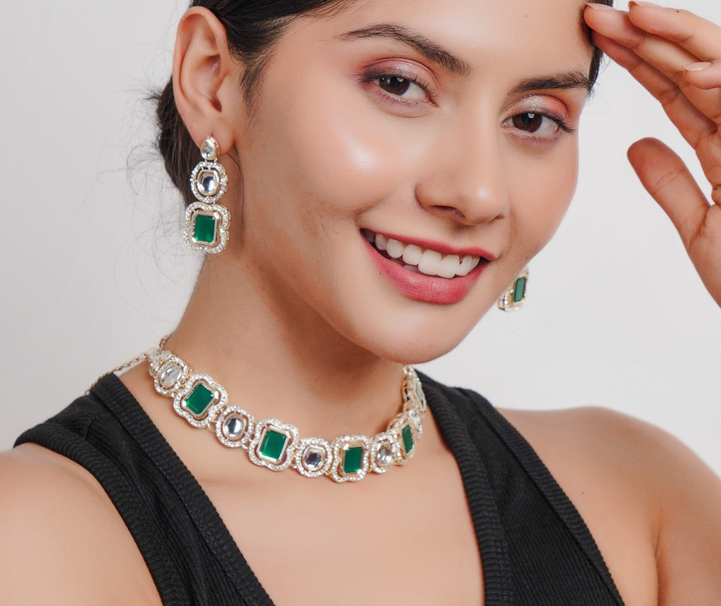 Divisha Alloy Gold-plated Green Jewellery Set
