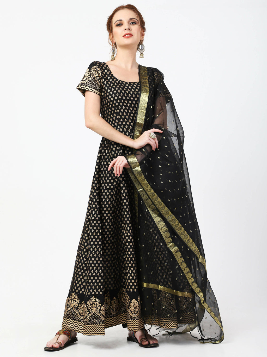 Cheera Women's Black Cotton Hand Block Print Long Dress With Silk Dupatta Set