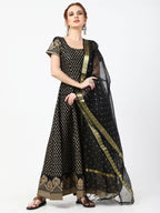 Cheera Women's Black Cotton Hand Block Print Long Dress With Silk Dupatta Set