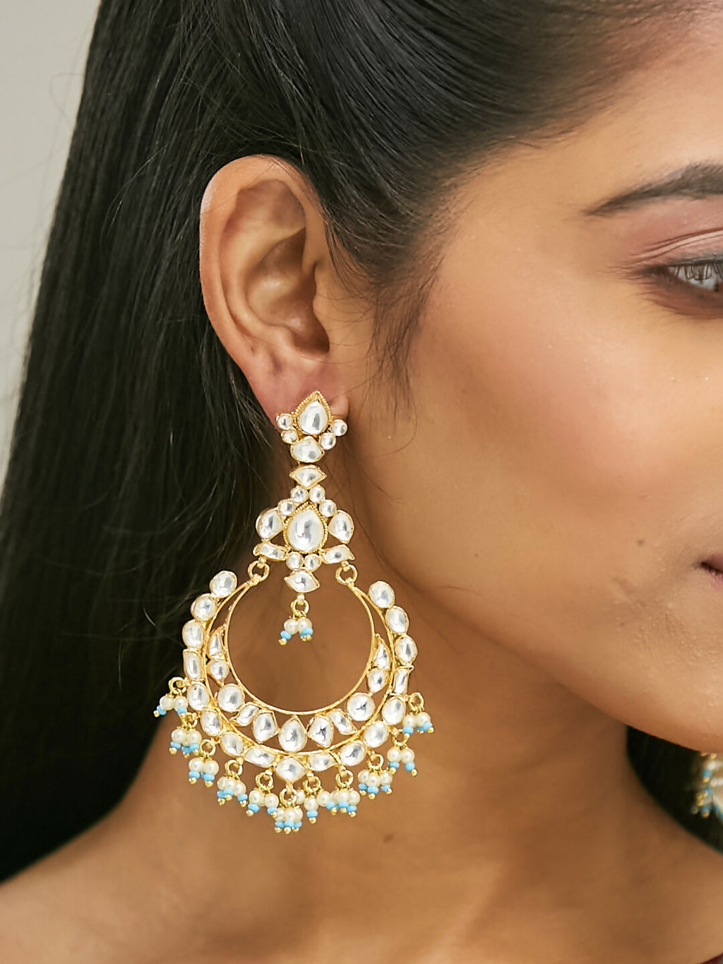 Nuyug 22K Gold-Plated Kundan Stone Studded & Pearl Beaded Chandbalis - Distacart