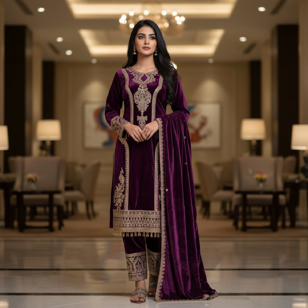 Joban Fashion Purple Kurta Set Velvet Embroidery Sequence Work - Distacart