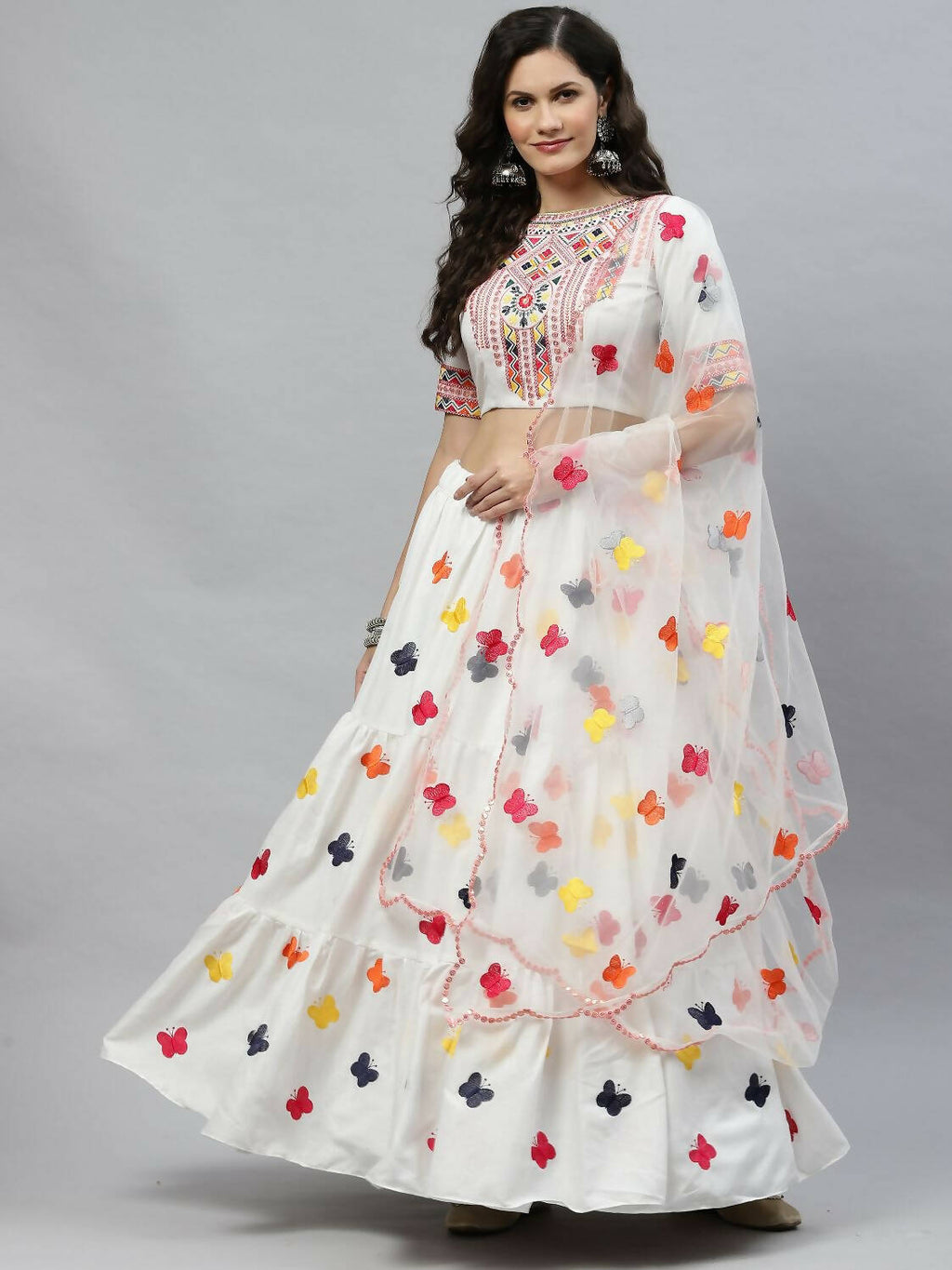 White Cotton Embroidered Work Lehenga Choli with Dupatta - Jivika