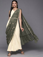 Ahalyaa Off White & Olive Green Ethnic Maxi Dress with Attached Dupatta - Distacart