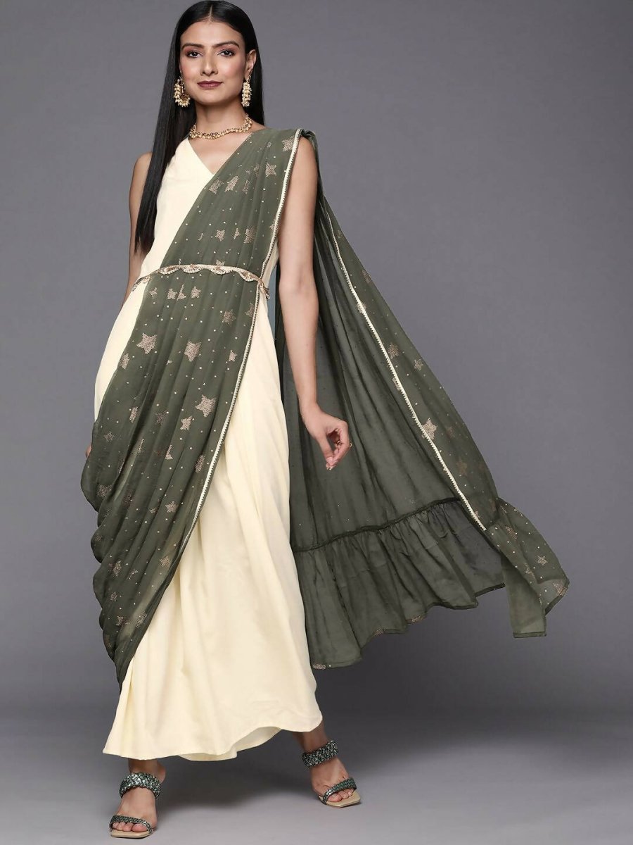 Ahalyaa Off White & Olive Green Ethnic Maxi Dress with Attached Dupatta - Distacart