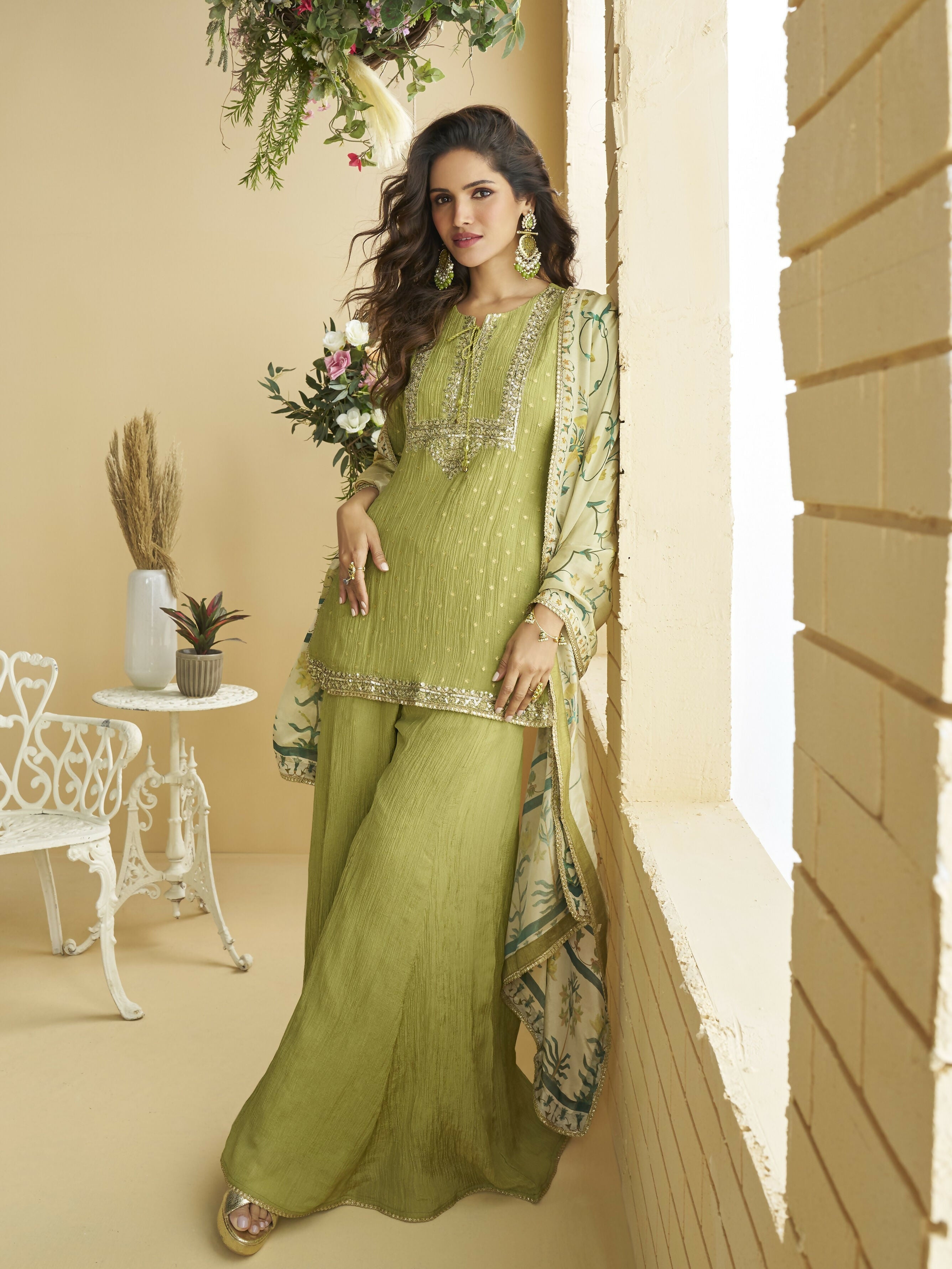 Anaita Green Chinon Readymade Palazzo Suit with Embroidery Sequence Work - Distacart
