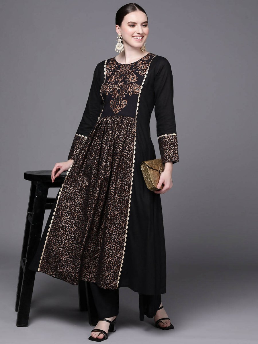 Ahalyaa Women Black Floral Printed Pure Cotton Kurta with Palazzos - Distacart
