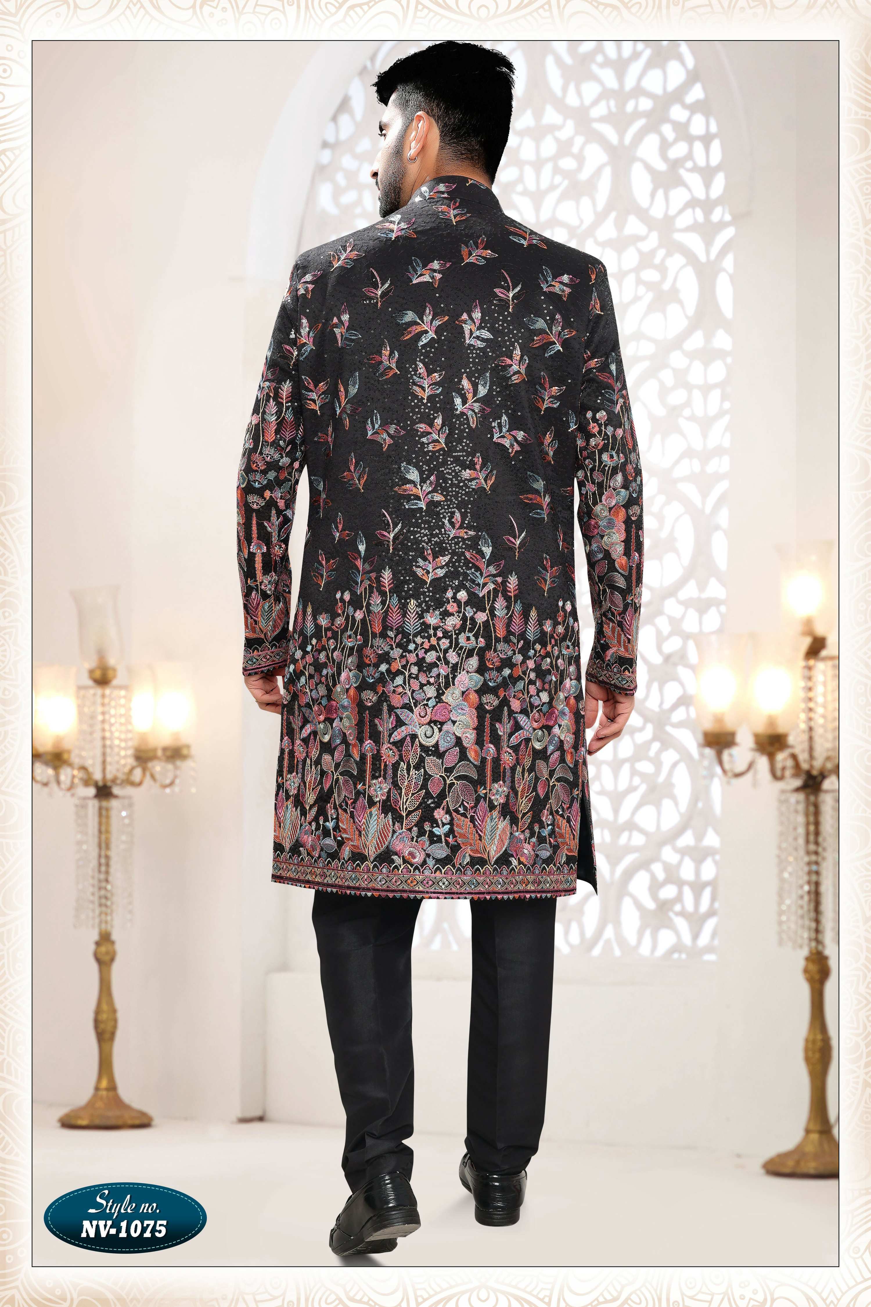 Joban Fashion Men's Black Straight Silk Thread And Sequence Embroidery All Over 3 Pc Kurta Set