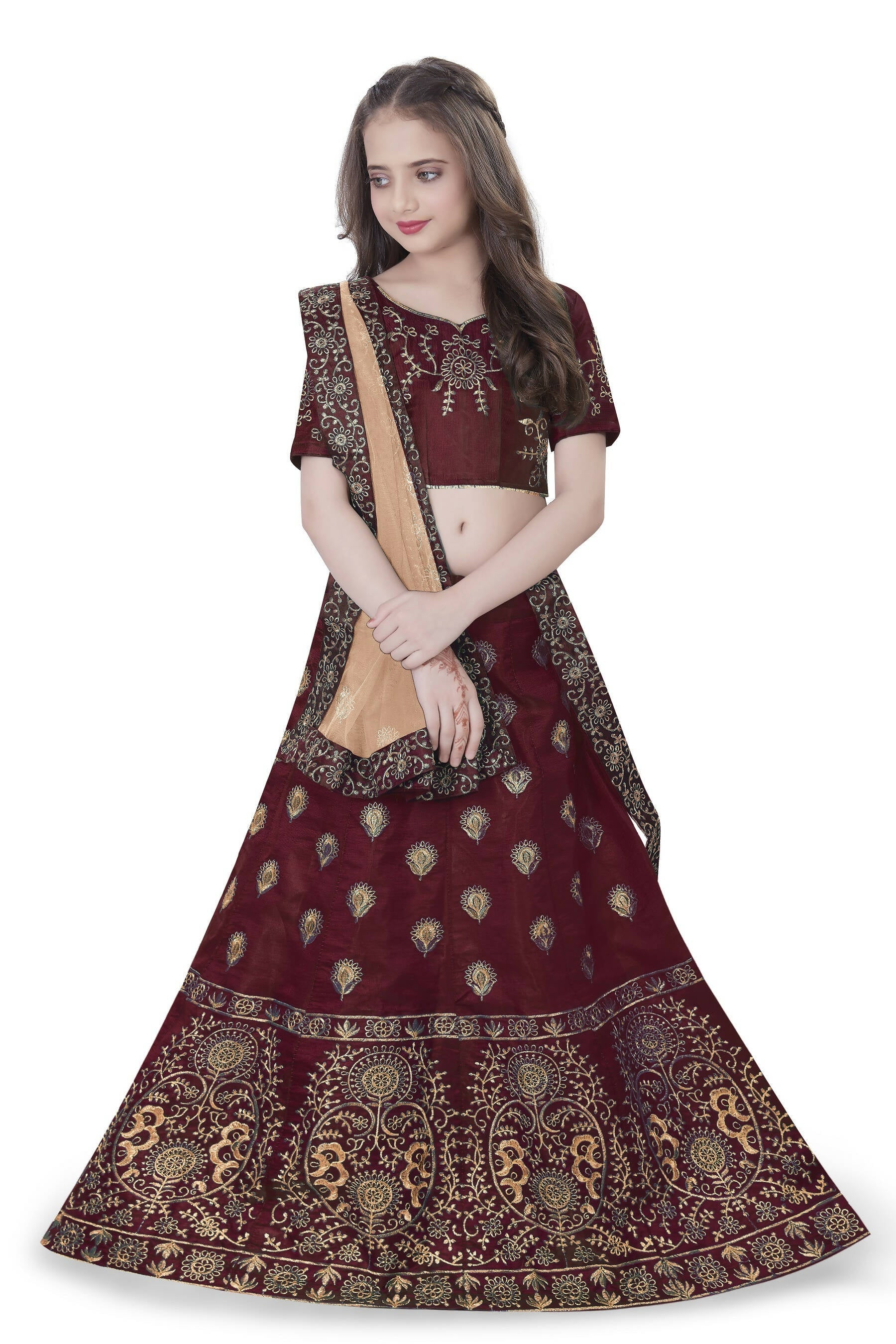 Dwiden Maroon Gulab Tafetta Sattin Semi-Stitched Girl'S Lehenga Choli