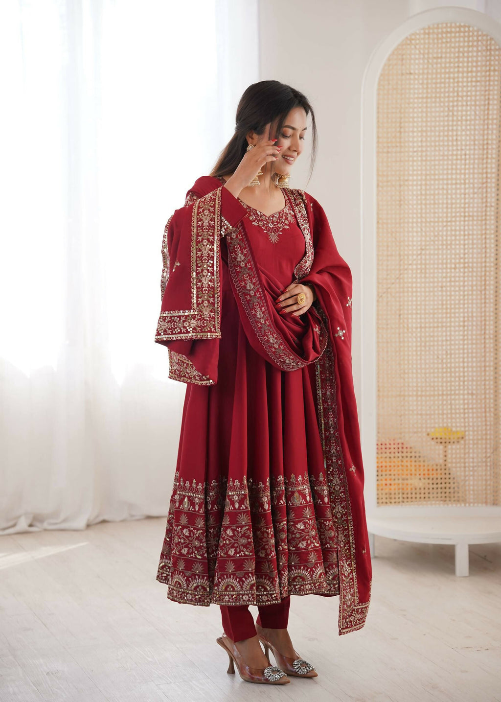 Teeya Creation Maroon Roman Silk Embroidery Work Party Wear Long Gown - Distacart