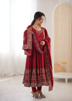 Teeya Creation Maroon Roman Silk Embroidery Work Party Wear Long Gown - Distacart
