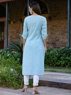 Juniper Women's Blue Sheer Sucker Embroidered Straight Kurta - Distacart