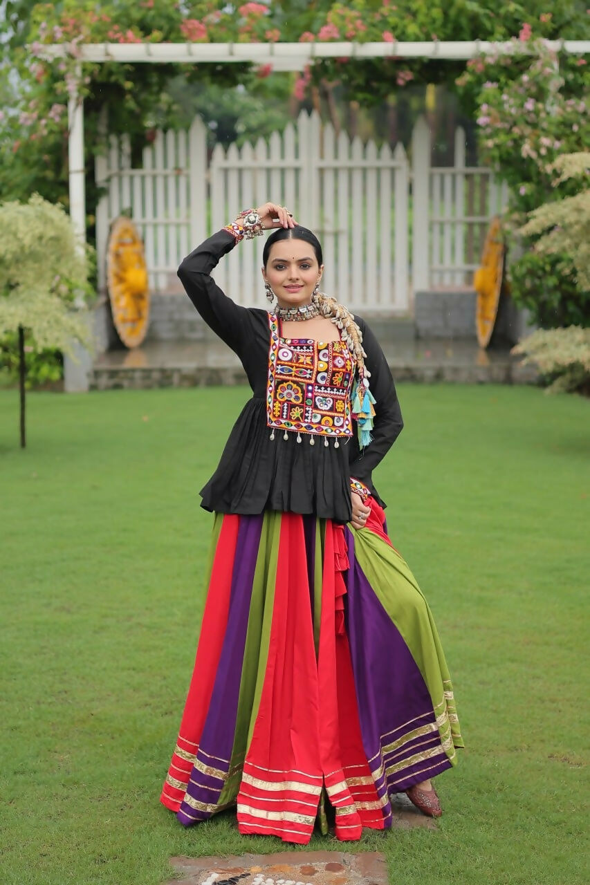 Teeya Creation Multi Colour Reyon Silk Gamathi Work Navratri lehenga Choli