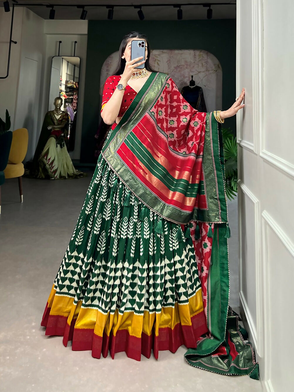 Vastranavya Traditional Printed Tusser Silk Lehenga Choli - Green