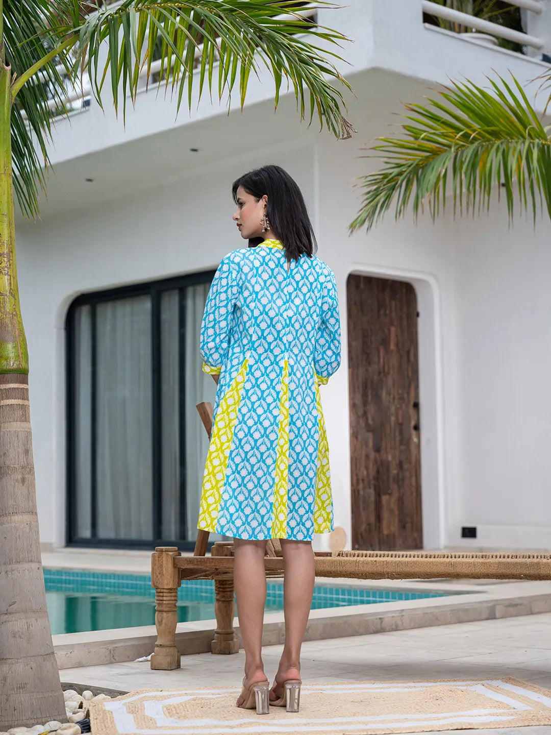 Yufta Sky Blue & Lime Green Pure Cotton Colour blocking Dress - Distacart