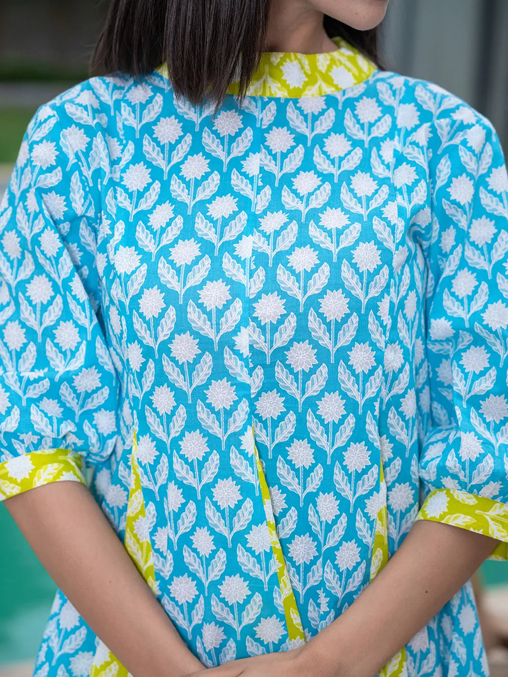 Yufta Sky Blue & Lime Green Pure Cotton Colour blocking Dress - Distacart