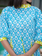 Yufta Sky Blue & Lime Green Pure Cotton Colour blocking Dress - Distacart