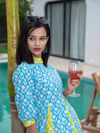Yufta Sky Blue & Lime Green Pure Cotton Colour blocking Dress - Distacart