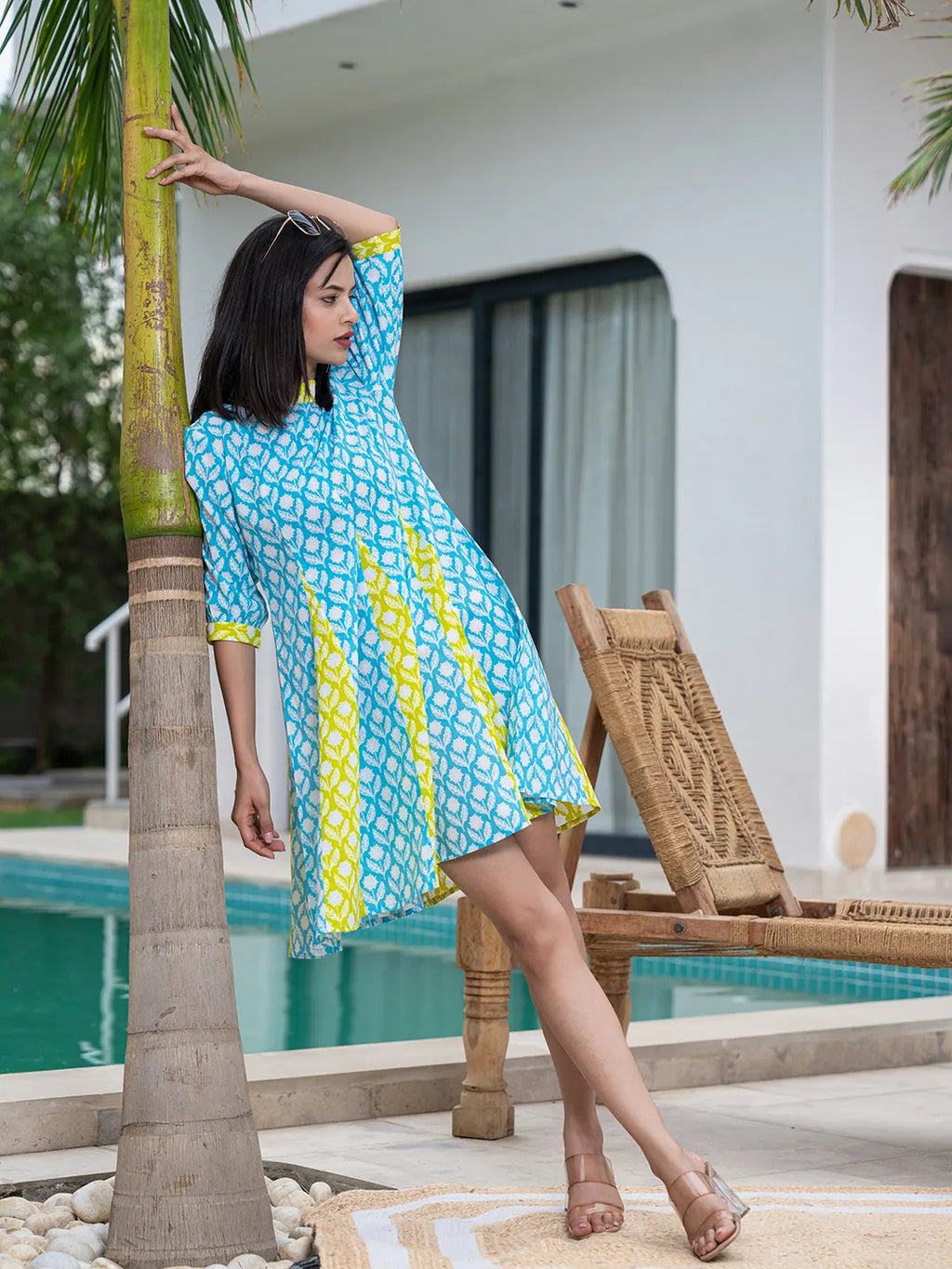 Yufta Sky Blue & Lime Green Pure Cotton Colour blocking Dress - Distacart