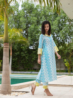 Yufta Sky Blue Cotton A-Line Colour blocking Kurta Trouser Set