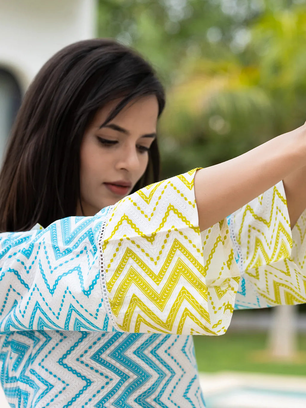 Yufta Sky Blue Cotton A-Line Colour blocking Kurta Trouser Set