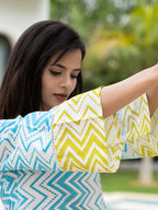 Yufta Sky Blue Cotton A-Line Colour blocking Kurta Trouser Set