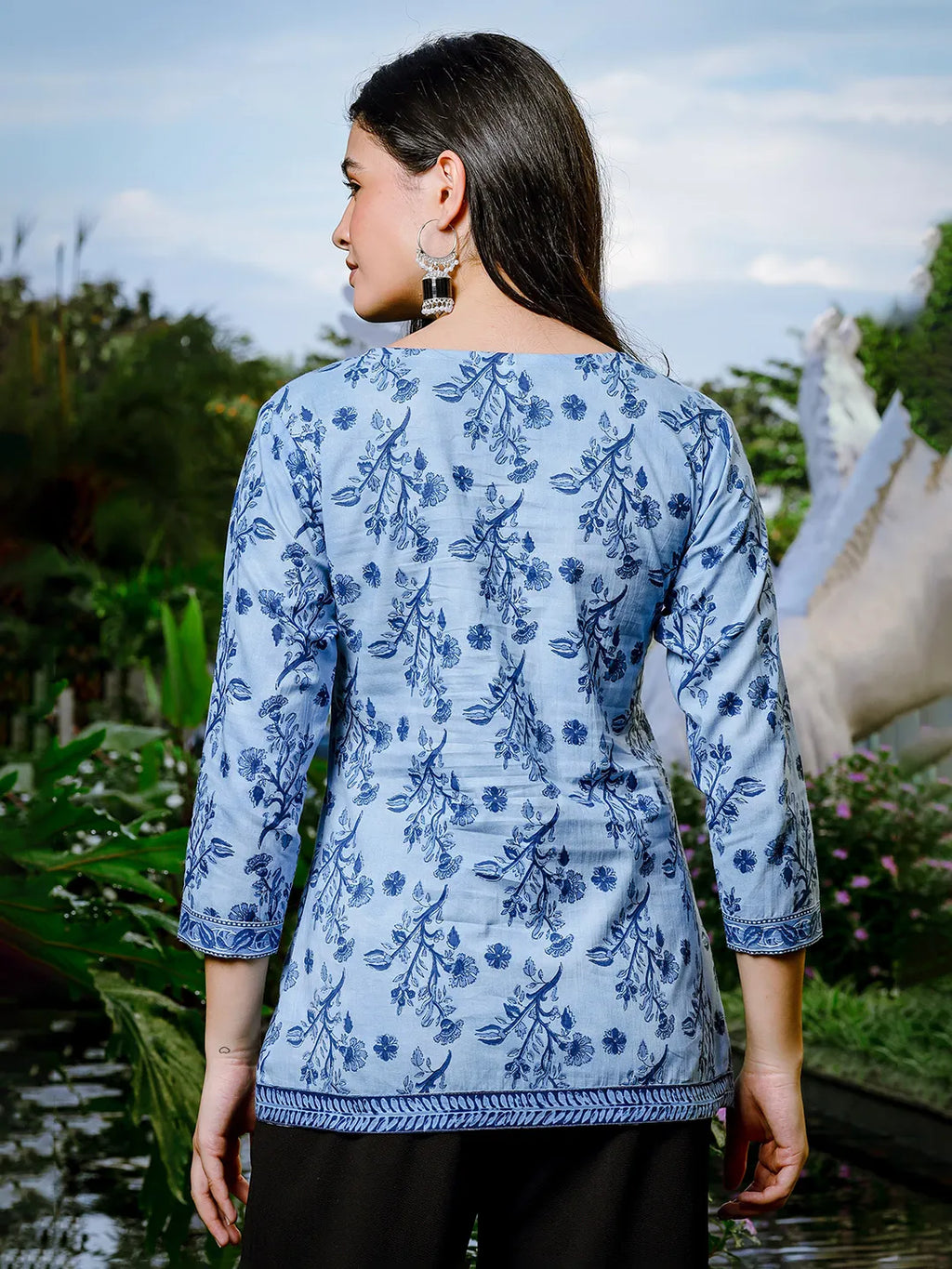 Yufta Sky Blue Cotton Floral Block Print Regular Top