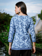 Yufta Sky Blue Cotton Floral Block Print Regular Top