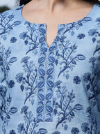 Yufta Sky Blue Cotton Floral Block Print Regular Top