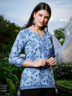 Yufta Sky Blue Cotton Floral Block Print Regular Top