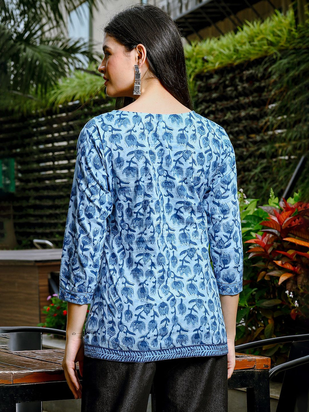 Yufta Sky Blue Cotton Floral Print Hip Length Regular Top