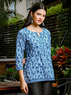 Yufta Sky Blue Cotton Floral Print Hip Length Regular Top