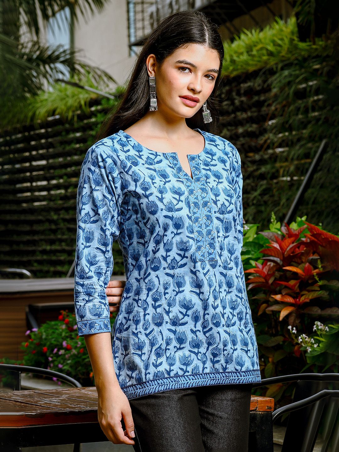 Yufta Sky Blue Cotton Floral Print Hip Length Regular Top