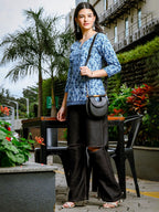 Yufta Sky Blue Cotton Floral Print Hip Length Regular Top